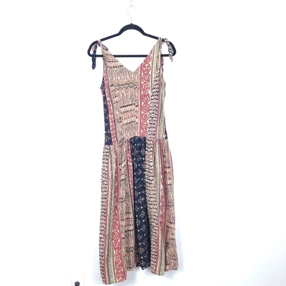 Boho Mixed Print Prairie Button Front Midi Dress - Picture 9 of 12